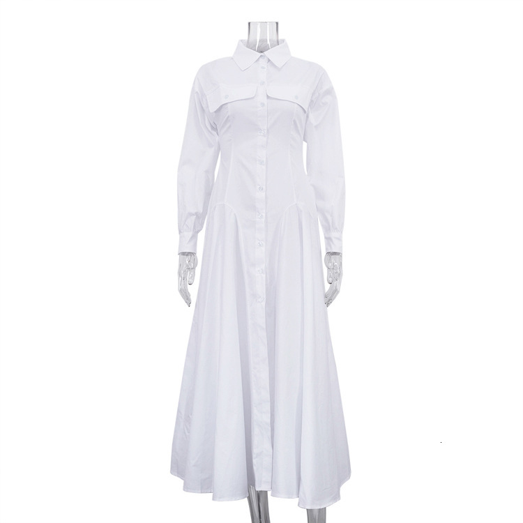 Designed Pleated Single-Breasted Shirt Autumn New Turn-Down Collar Sleeve free shipping High Waist Elegant White Long Dress