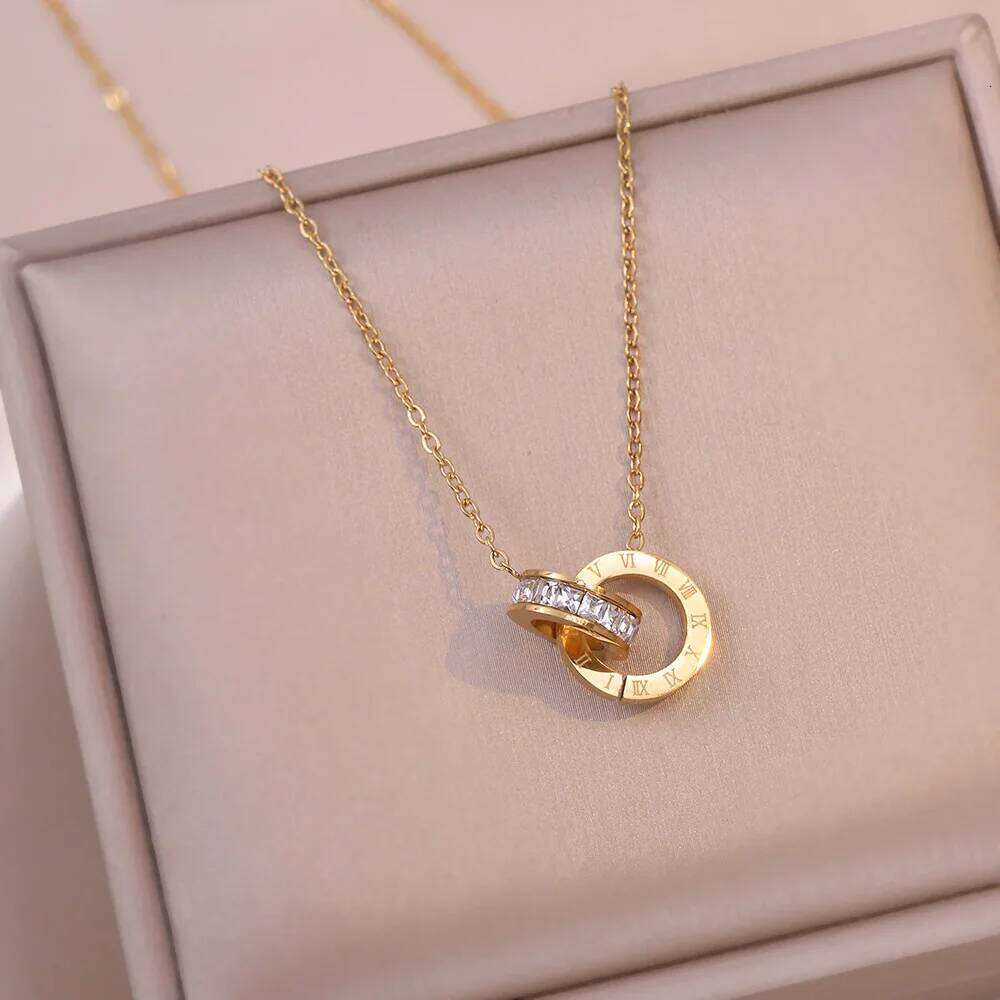 ZAKOL Korean Fashion Titanium Steel Chain Roman Numeral Crystal Circle Choker Necklaces for Women Party Jewelry Gift