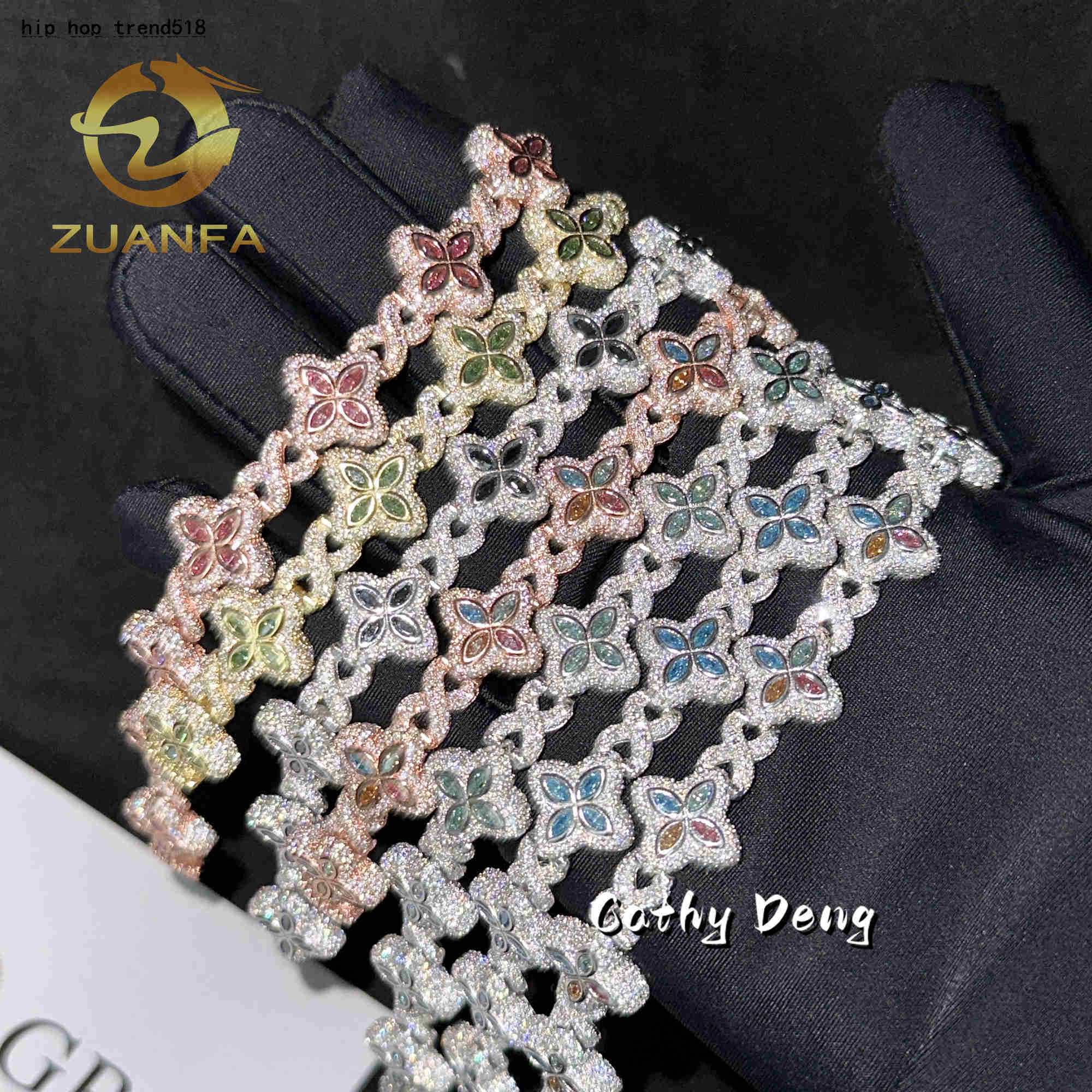 New 15mm Marquise Flower Design Hip hop Jewelry Iced out Unisex Moissanite Cuban Link Chain 925 Silver Moissanite Bracelet a