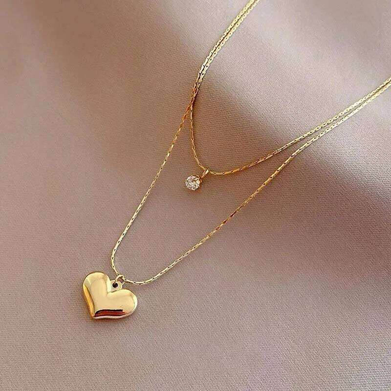 ZAKOL Stainless Steel Double-Layered Shiny Zirconium Metal Heart-Shaped Pendant Necklace, Fashionable And Personalized Birthday