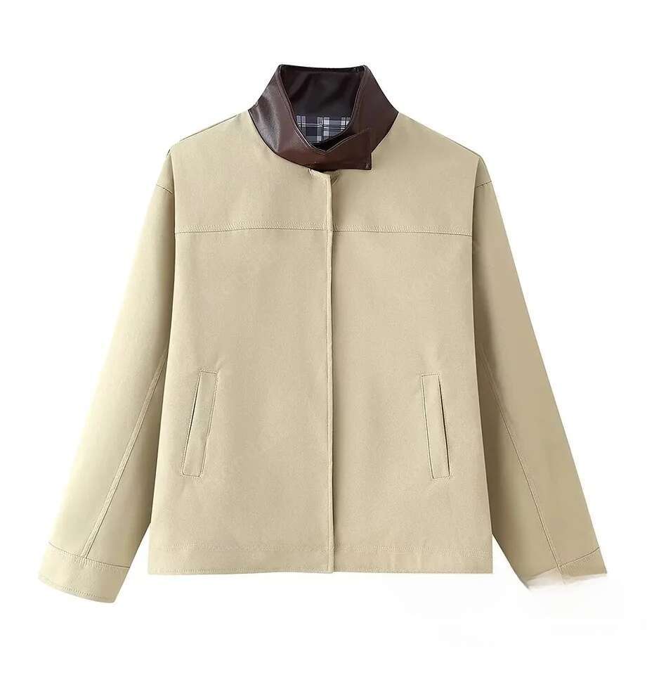 Women Casual Loose Contrast Plaid Inside Stand Collar Jacket 2026 Designer Fashion New Autumn Fashion High Street Coat