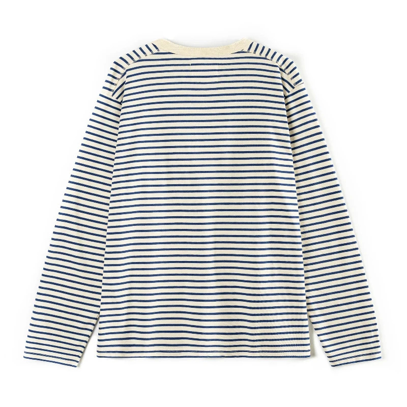 Classic American Retro Blue and White Sea Soul T-shirt Heavy duty All Cotton Striped Men Henry Collar Casual Long Sleeve T-shirt 251211