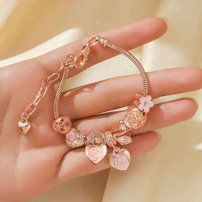 ZAKOL 1pcs Fashionable Multi-Element Accessories Dripping Oil Rose Love Little Swan Bracelet Jewelry, Daily Party Jewelry Gift