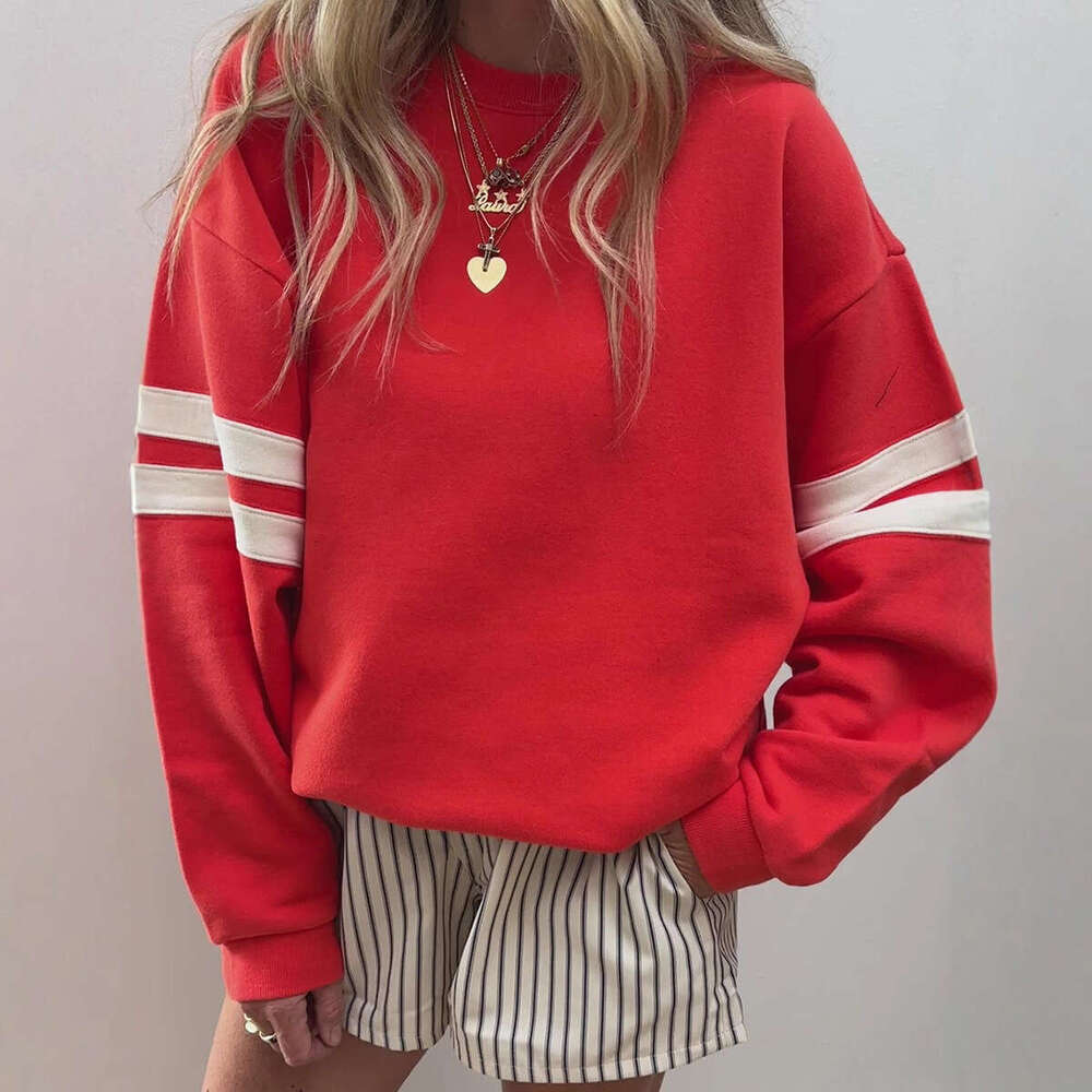 Autumn Winter New Loose Lazy Style Drop Shoulder Round Neck Sweatshirt for Women European American Fashion Striped Color Block Long Sleeve T-Shirt
