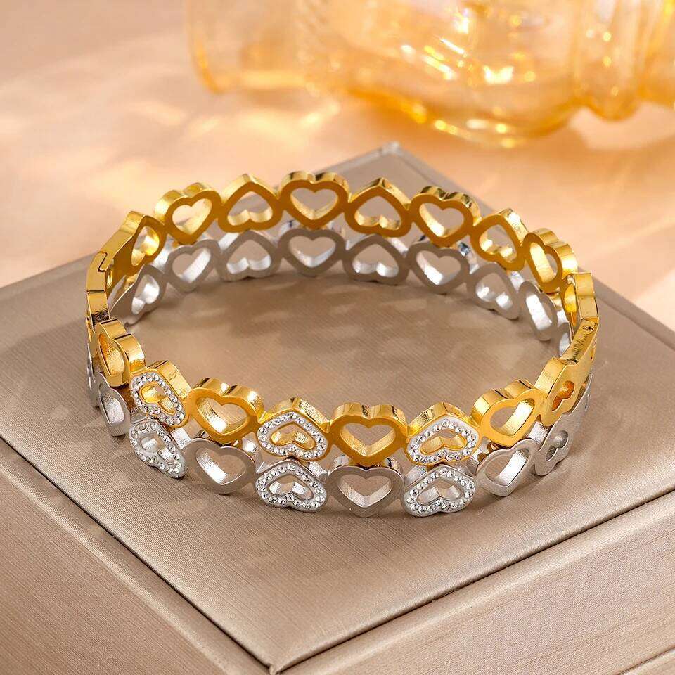 ZAKOL Vintage Hollow Heart Inlaid Rhinestone Zircon Stainless Steel Wide Bangles Bracelets Waterproof Jewelry Gift for Couples
