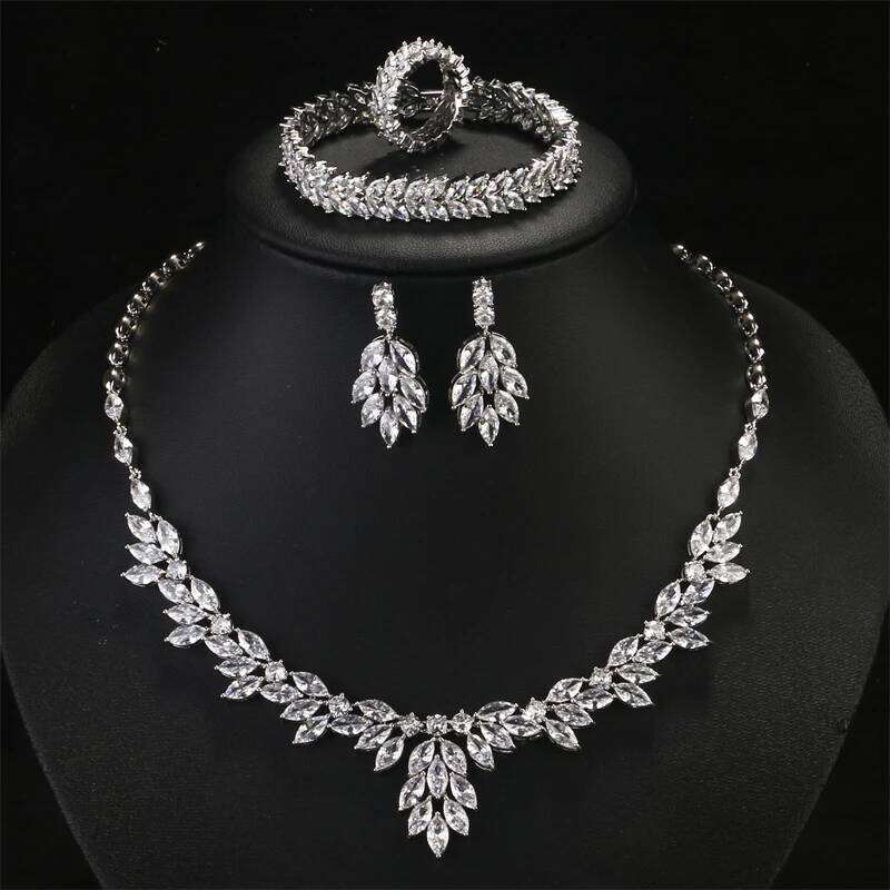 ZAKOL Brand Sliver Color AAA Zirconia Bridal Jewelry Sets Luxury Flower Leaf Clear Zircon Earring Necklaces for Women