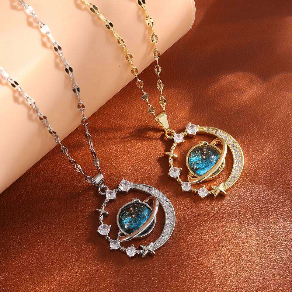 ZAKOL Delicate Micro-Inlaid Zircon Blue Planet Pendant Necklace for Women Titanium Steel Chain Collares Para Mujer
