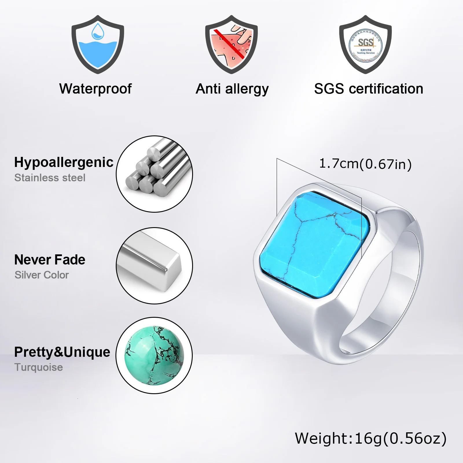 Punk Natural Stone Ring for Men BoysNever Fade Stainless Steel Square Signet RingBirthday Valentines Day Father Gift for Him 251213