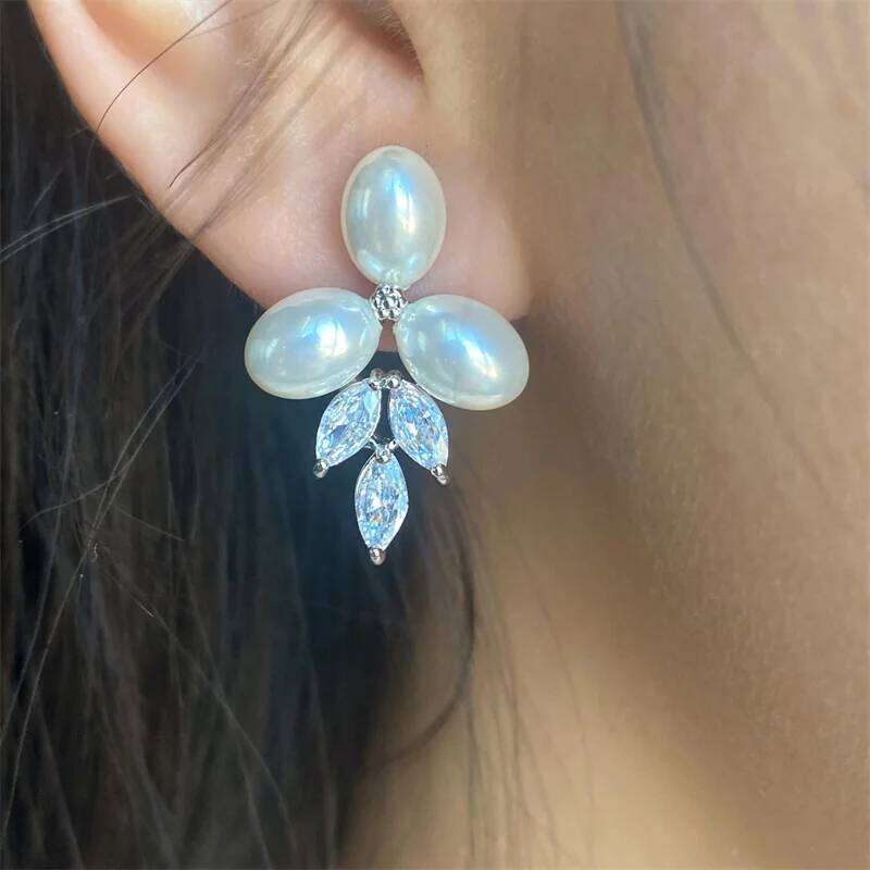 ZAKOL Marquise Oval Imitation Pearl Leaf Stud Earrings for Women Shiny Gorgeous Bridal Wedding Jewelry