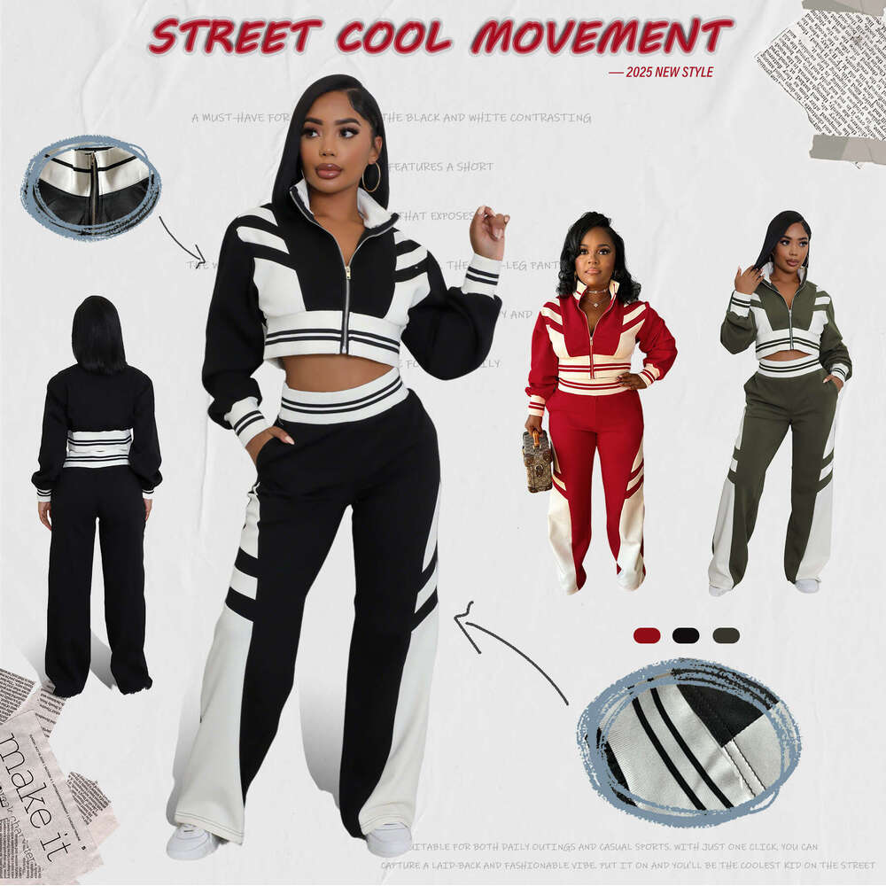 European and American Cross-Border Women's Fashion Autumn Winter New High Collar Zipper Top Two-Piece Set Color Block Long Pants Suit for Women