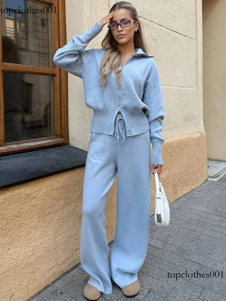 Light Blue Zipper Hoodie Top Suit Women Fashion Solid Knitted Full Sleeve Straight Leg Pants Set 2025 Office Commute Wear