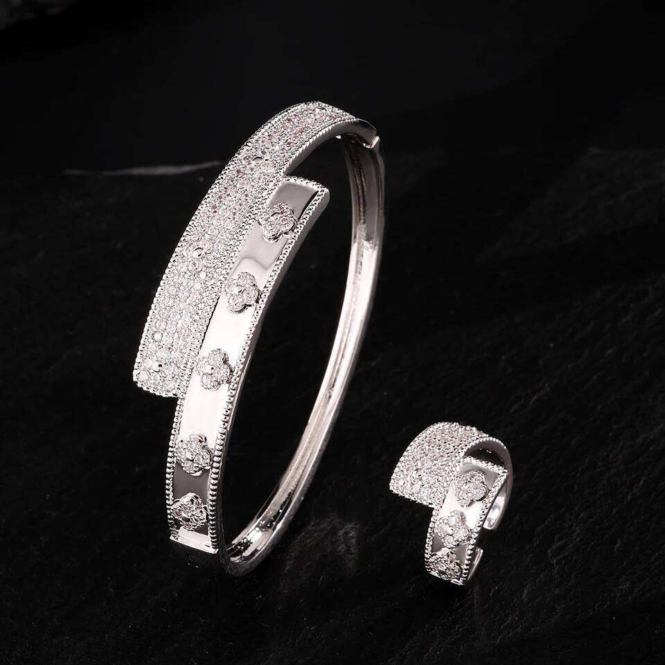 ZAKOL Gorgeous Full Shiny Zircon Hug Bracelet Ring Set for Women Colorful CZ Four-leaf Flower Wedding Party Jewelry