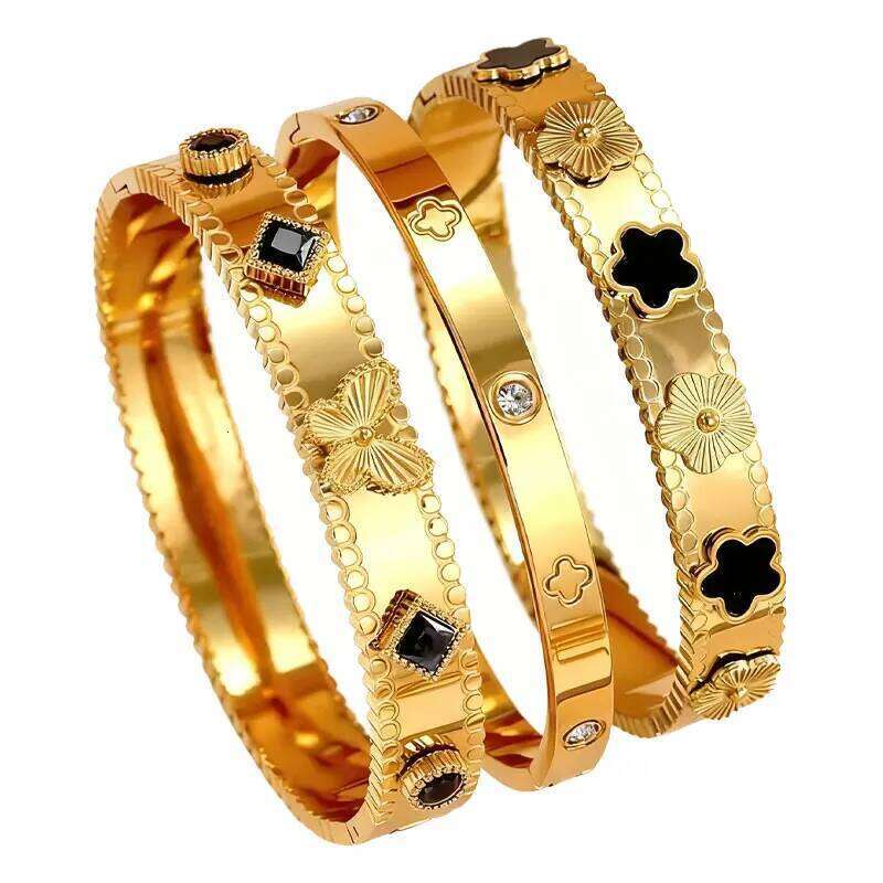 ZAKOL 3Pcs/Set 3D Butterfly Flower Wide With Crystal Zirconia Golden Waterproof Stainless Steel Stackable Bracelet