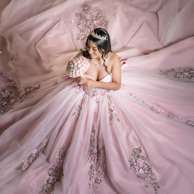 Pink Shiny Quinceanera Dresses Ball Gown Off The Shoulder Applique Flower Beading Crystal Corset Party Birthday Sweet 16 Dres Vestidos 15 Anos