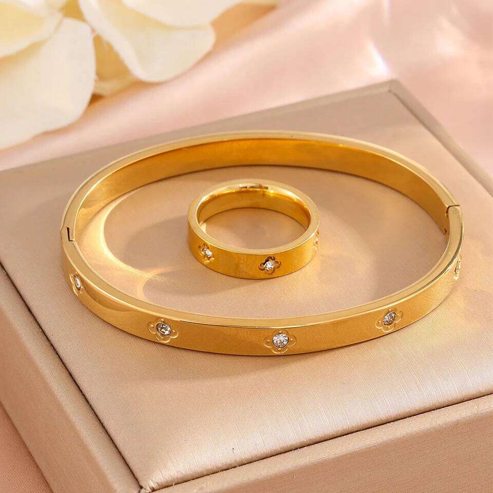ZAKOL 6 Styles Available Golden Stainless Steel Ring Bracelet Set for Women Men Exquisite Couple Birthday Christmas Jewelry Gift