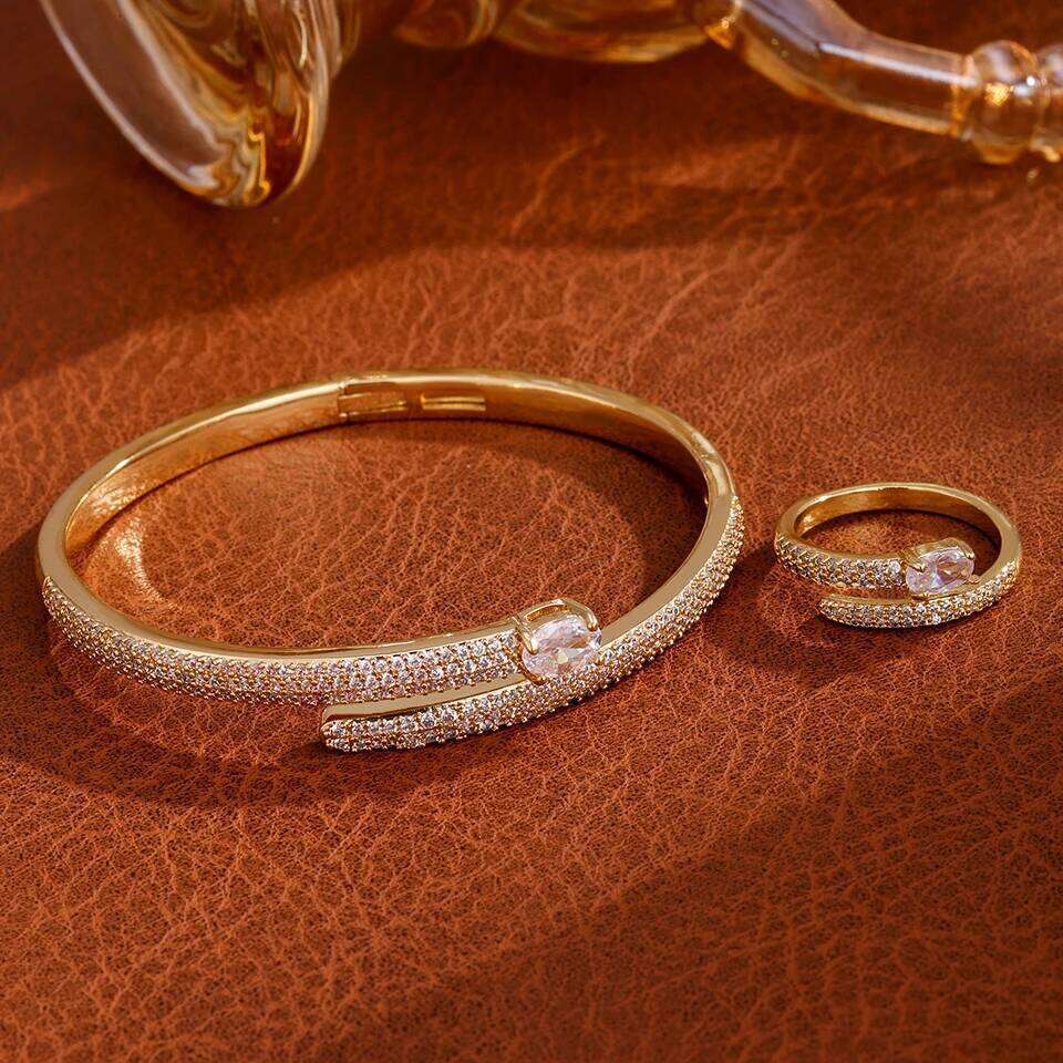 ZAKOL Trendy Elliptical Zircon Head Nail Shaped Open Bracelet Ring Set Saudi Arabia's Fashion Wedding Party Jewelry Accessory