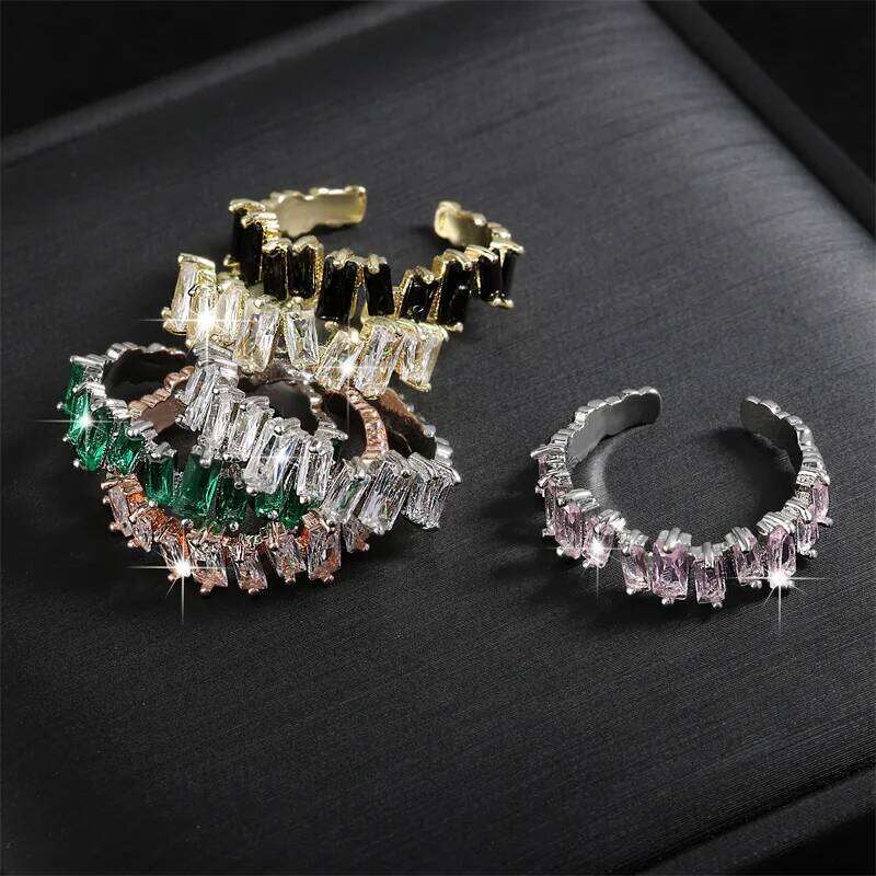 ZAKOL Korean Colorful Zircon Open Rings for Women Rectangle Crystal Finger Ring Engagement Wedding Party Jewelry