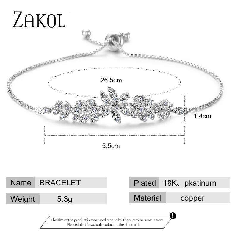 ZAKOL Fashion Zirconia Adjustable Bracelets for Women Men Exquisite Leaf Bangles Party Wedding Jewelry Gifts