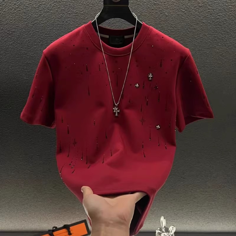 Free Shipping 2026 Summer Meteorite Full Rhinestone Men Round Neck Short Sleeve Trendy Light Luxury Fashion T Shirt Black White Red