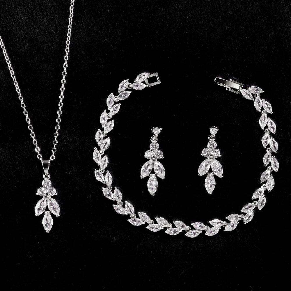 ZAKOL 3Pcs/Set Luxury Zirconia Leaf Bridal Wedding Jewelry Set Buling Clear Crystal Earring&Necklace&Bracelet Party Accessories