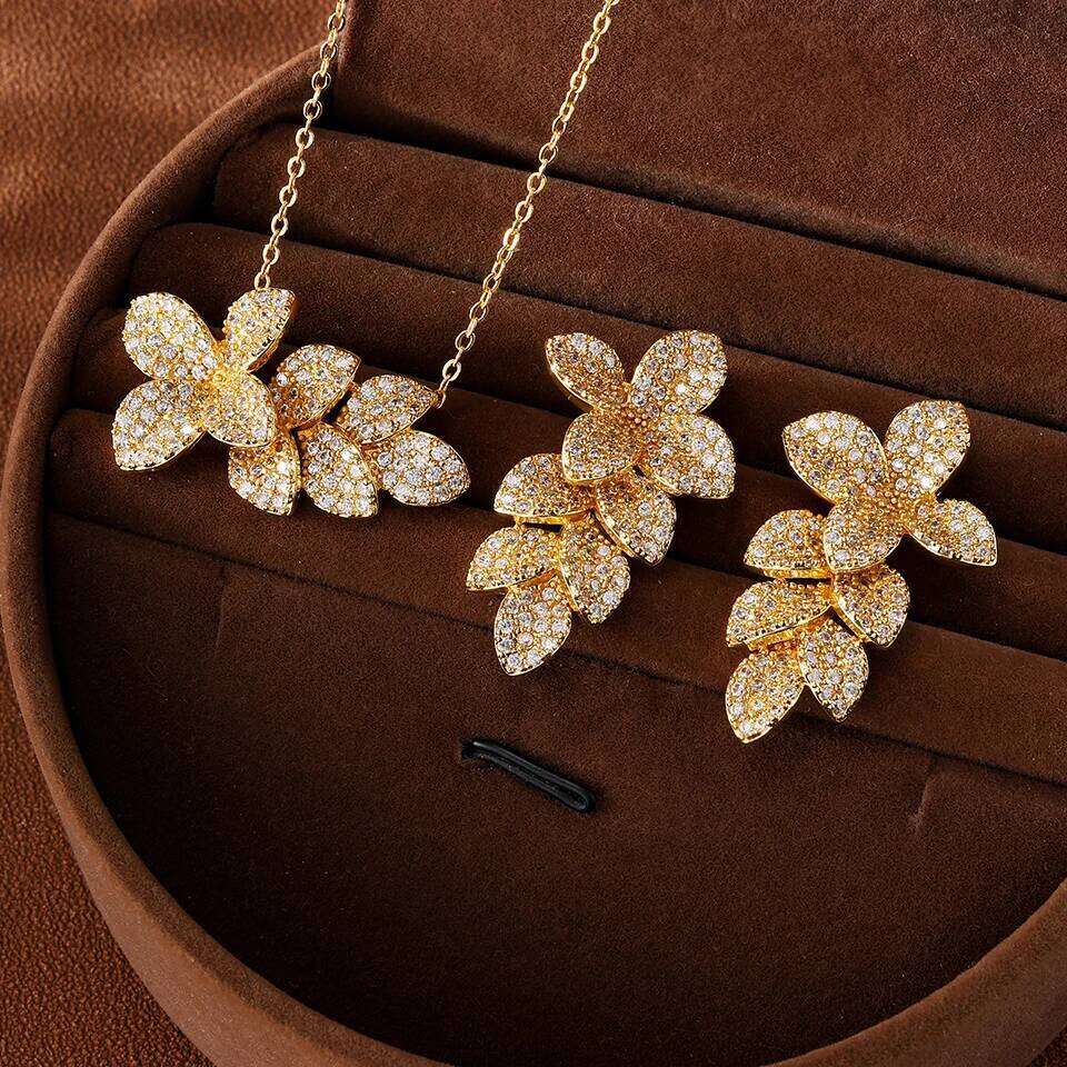 ZAKOL Leaf Flower Shaped Zircon Set for Women Gold/Silver Color Earrings & Necklace Wedding Party Jewelry Accessories