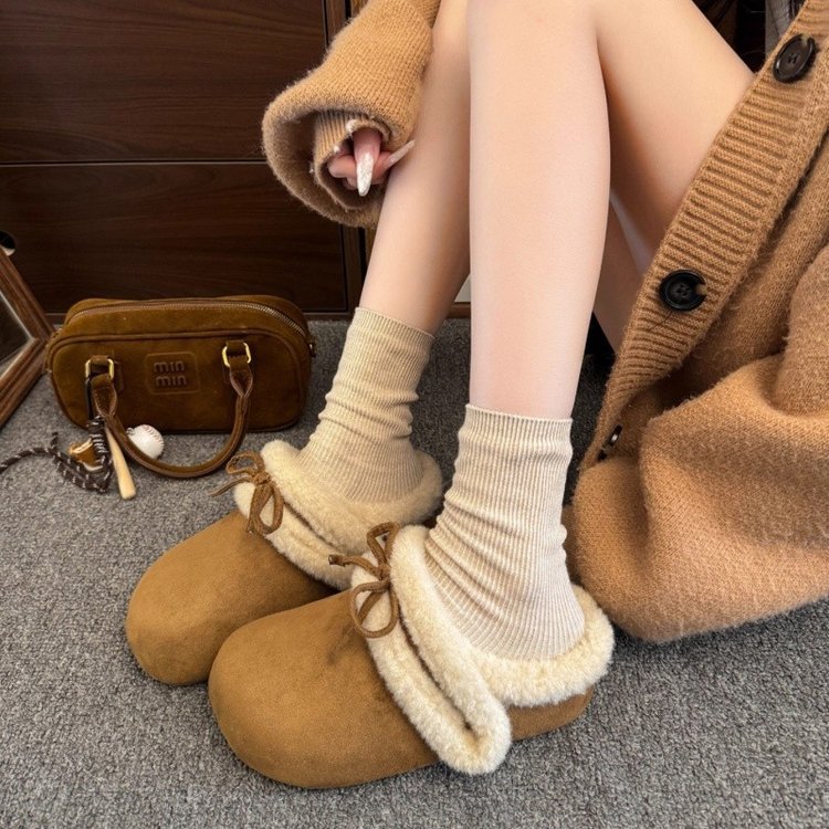 Hot new free shipping snow boots for womens flat slippers khaki brown Fashionable and versatile winter warm butterfly knot cotton shoes with added fle