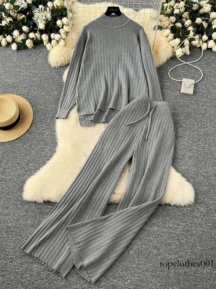 Autumn Winter Sweater Two Piece Set Women High Neck Pullover Loose Long Sleeved Knit Top+high Waist Wide Leg Casual Pants Outfit