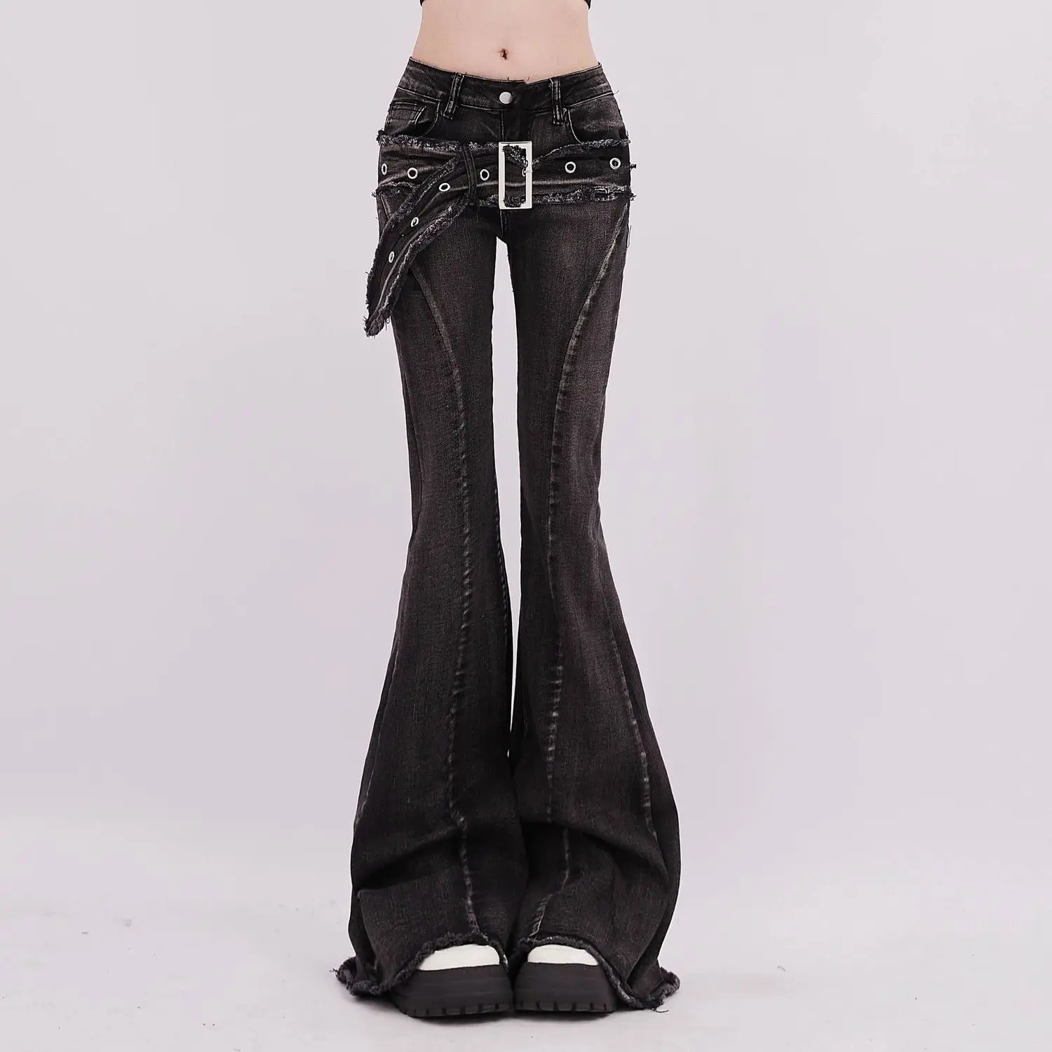 Vintage Slim Micro-flare Jeans Women Ins Fashionable Splicing Belt Edge Y2K Pants High Waist Straight American Street Trousers 251217