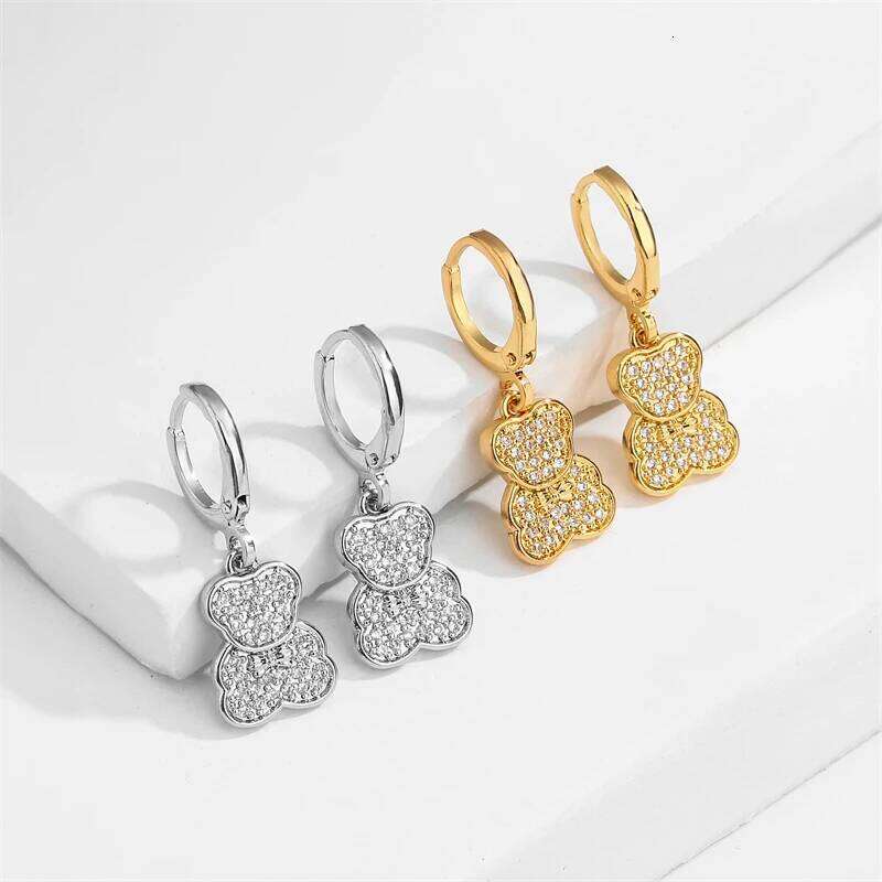 ZAKOL Shiny Zircon Teddy Bear Charm Drop Hoop Earrings for Women Girls Geometric Chinese Style Ear Accessories Jewelry Gift