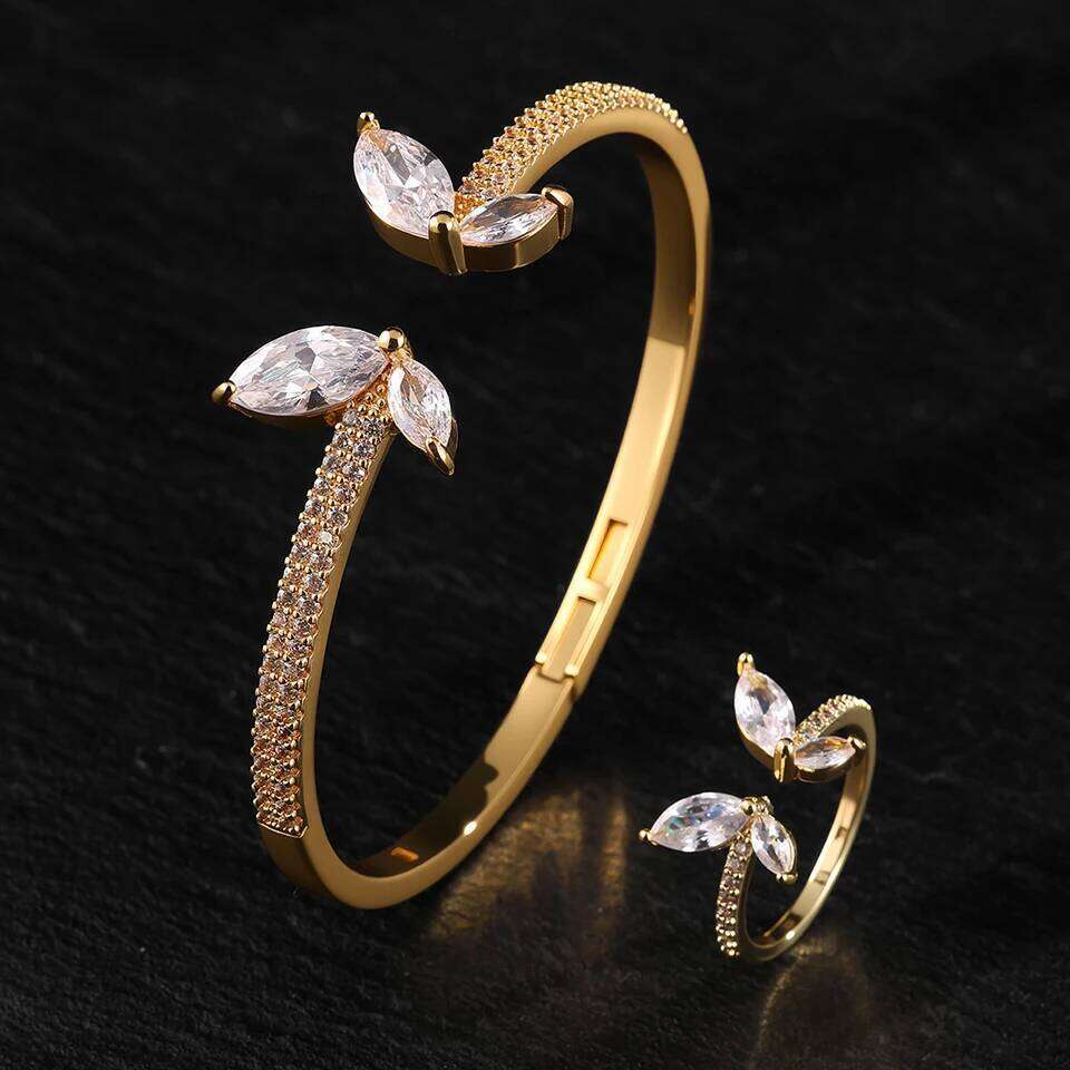ZAKOL Brand Luxury Zircon Crystal Butterfly Open Ring Bracelet Set for Women Brilliant CZ Niche Design Wedding Party Jewelry