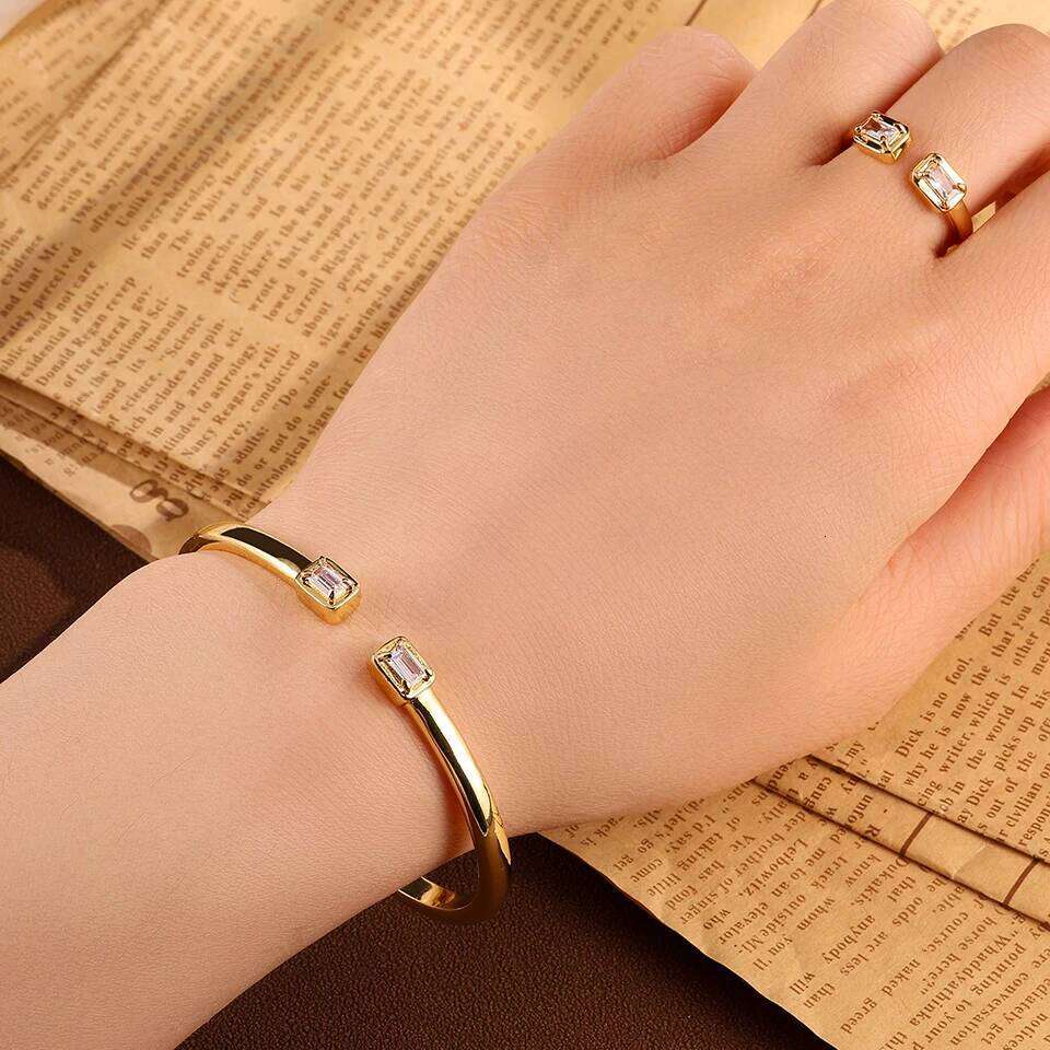 ZAKOL Classic 2pcs Set Two Square-shaped Open Ring Bracelets Fashion Wedding Party Daily Jewelry for Women