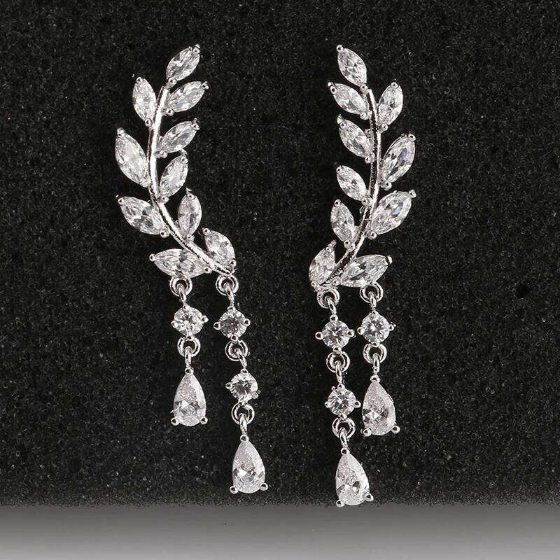 ZAKOL AAA CZ Crystal Zirconia Leaf Long Tassel Drop Earrings for Women Girl Fashion Wing Wedding Party Jewelry