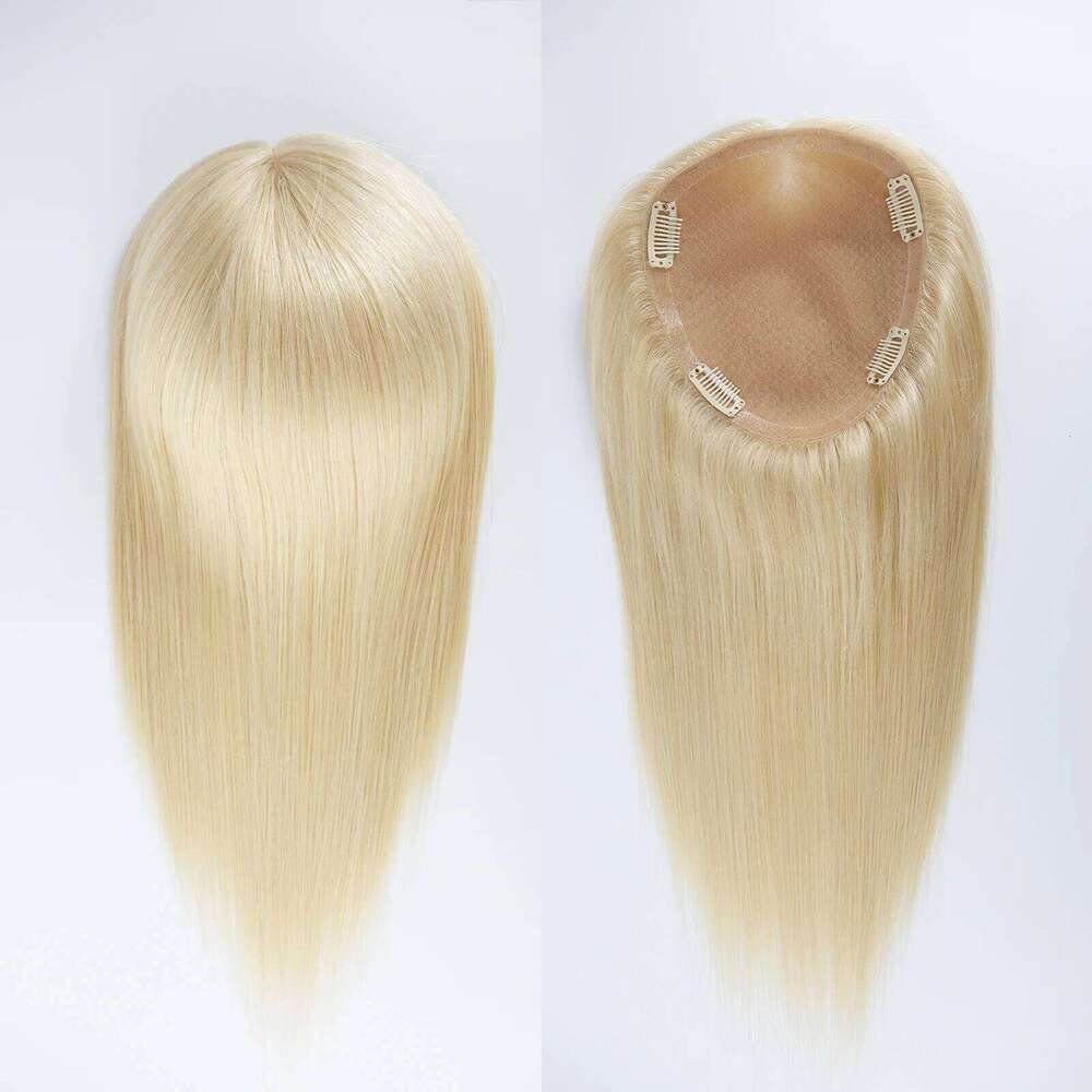 Base Topper Light Blonde Real Remy Human Hair Toupee Silk Top PU Around Full Hand Tied with Clips in for Women