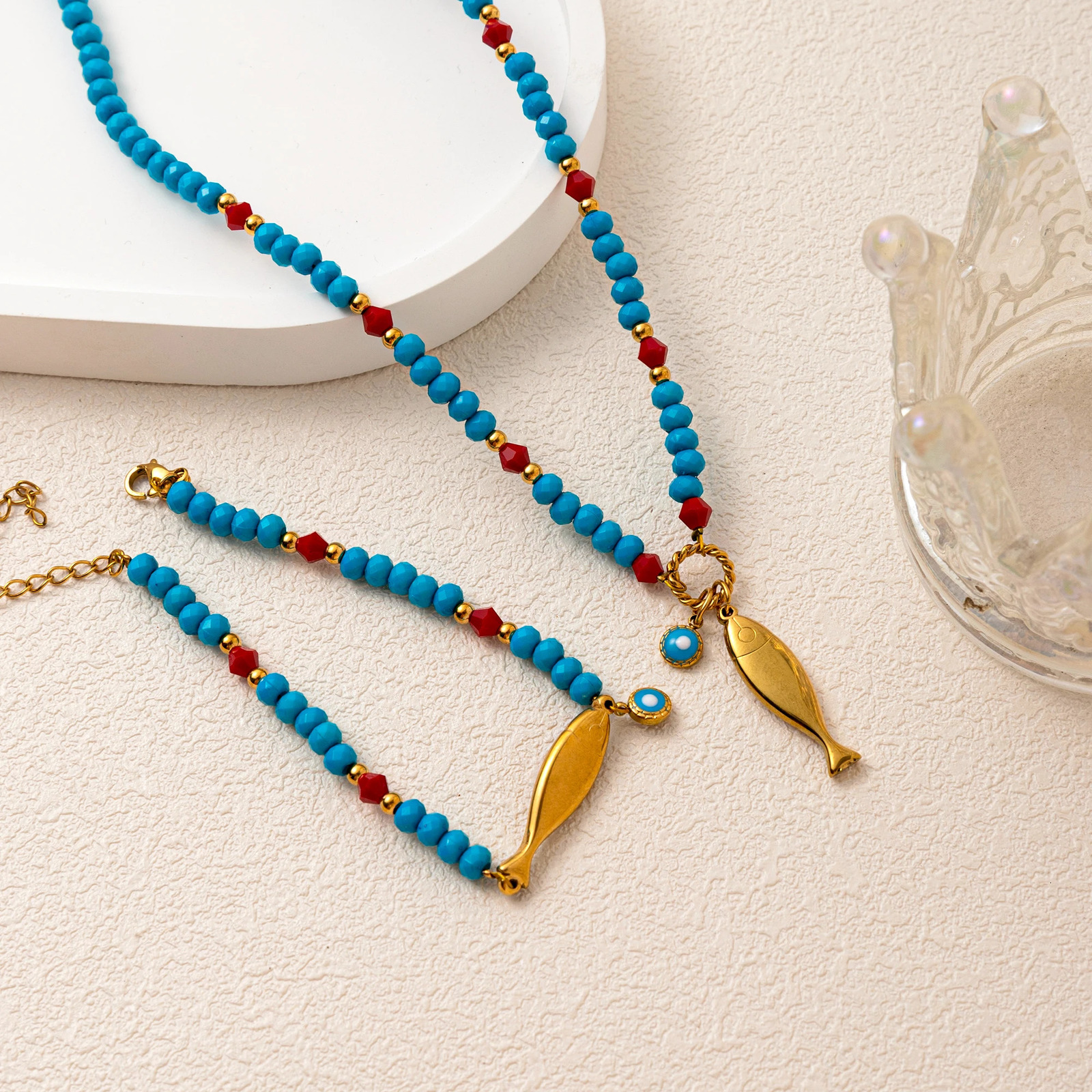 Stainless steel colored bead goldfish pendant bracelet necklace set with gold plating and color preservation 251223