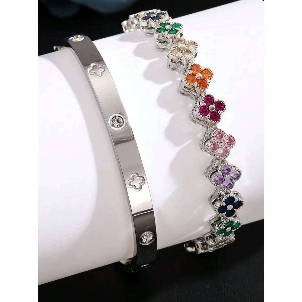 ZAKOL 2 Pcs Brilliant Zirconia Four-leaf Flower Bracelet Bangle Set for Women Exquisite Stainless Steel Daily Bracelets