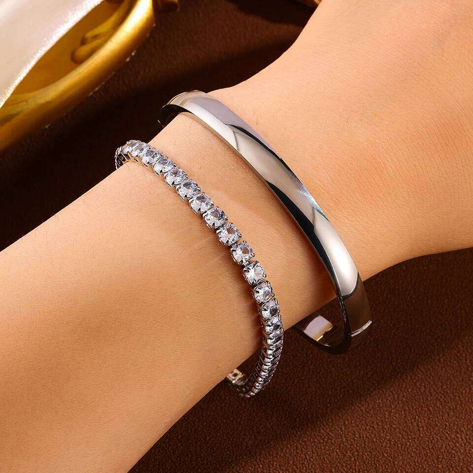 ZAKOL 2Pcs/Set Smooth Stainless Steel Bangle Zircon Tennis Bracelet Set for Women Simple Fashion Daily Jewelry Accessories