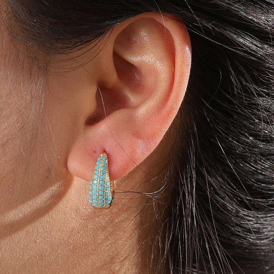 ZAKOL Gold Color Blue Turquoise CZ Chunky Water Drop Shape Hoop Earrings Shiny Clear Zircon Versatile Jewelry Gift