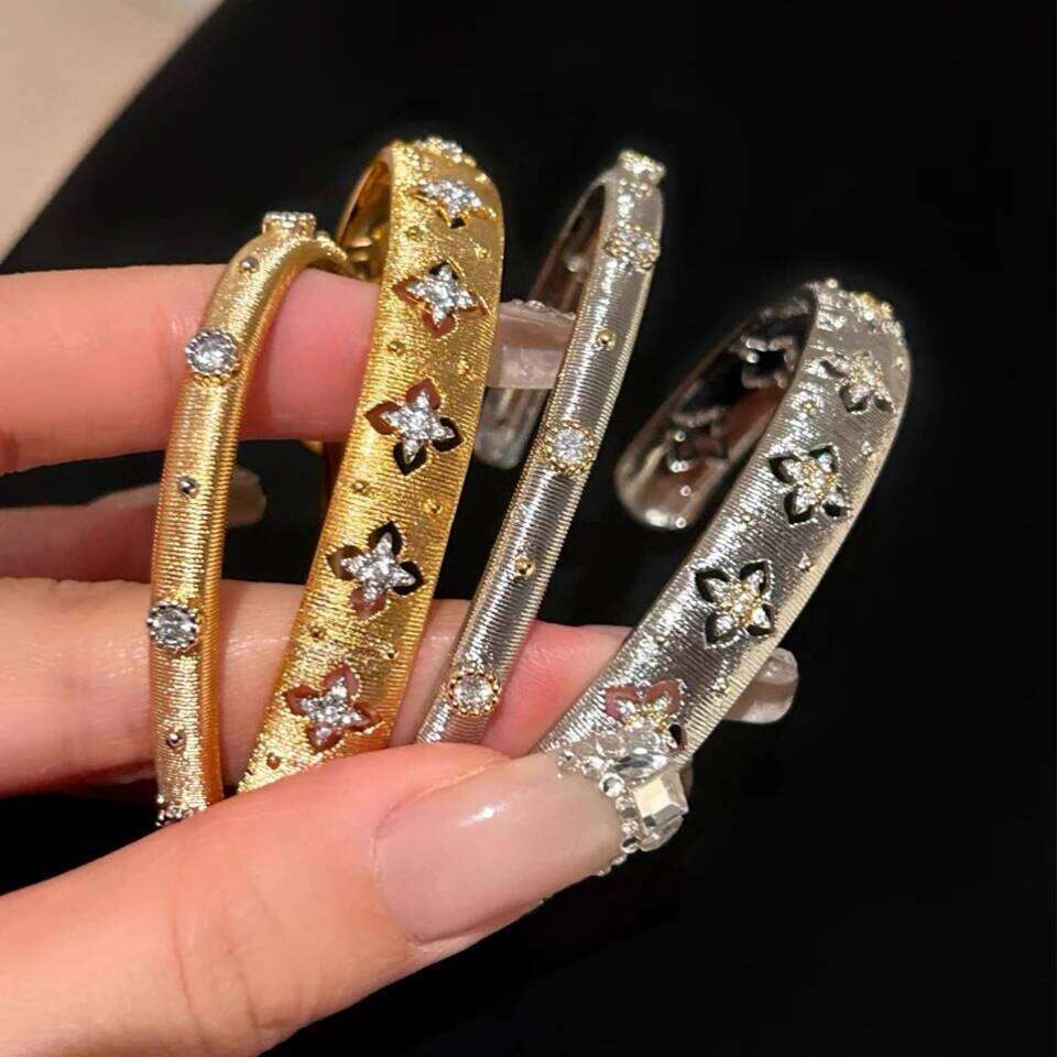 ZAKOL New Shiny Cubic Zirconia Hollow Four-leaf Flower CZ Textured Carved Cuff Bracelet for Women Luxury Padty Banquet Jewelry