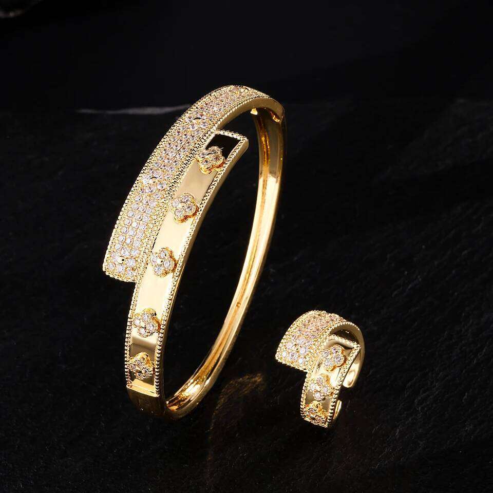 ZAKOL Gorgeous Full Shiny Zircon Hug Bracelet Ring Set for Women Colorful CZ Four-leaf Flower Wedding Party Jewelry