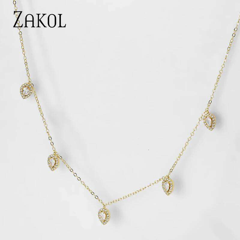 ZAKOL Korean Fashion Leaf Water Drop Choker Necklaces for Women AAA Cubic Zirconia Thin Chain Necklace Jewelry