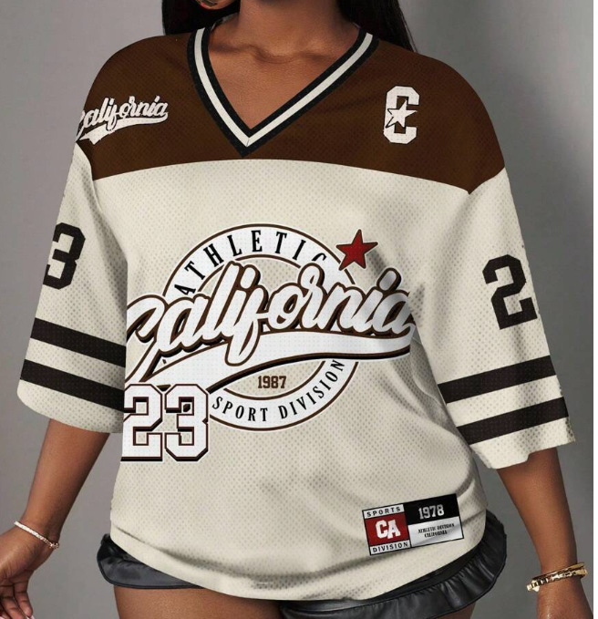 2026 European & American Sporty Style Tomboy American Vintage Jersey. Loose Fit, Streetwear, V-neck Short Sleeve T-shirt Top.