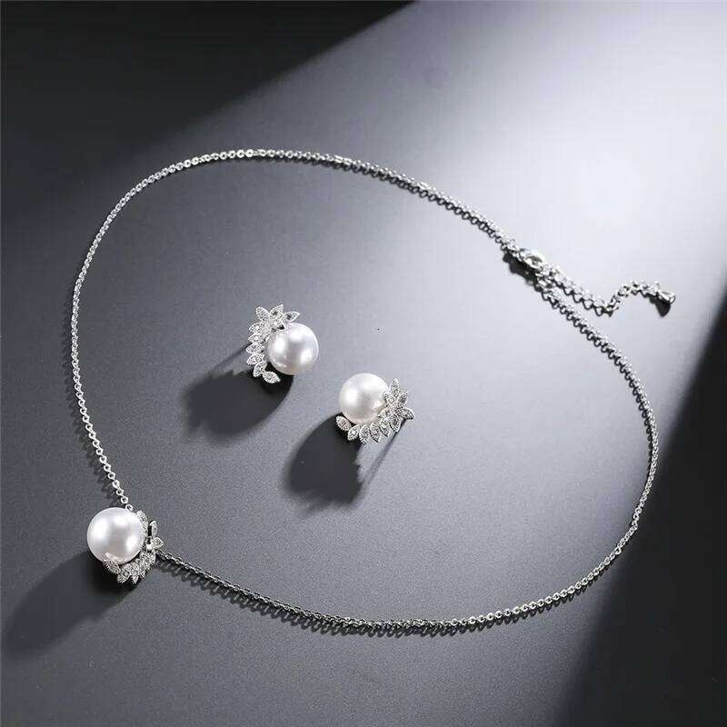 ZAKOL Simple White Smooth Imitation Pearl Earring Necklace Set for Women Shiny Zircon Crystal Wedding Party Jewelry