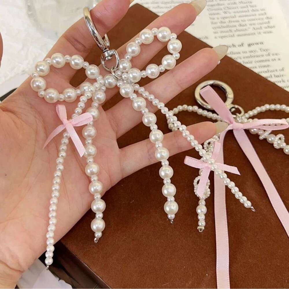 ZAKOL 3Pcs Cute Bow Imitation Pearl Bead Keychain Sweet Beaded Pendant Keyring Handbag Backpack Ornament Girls Gift