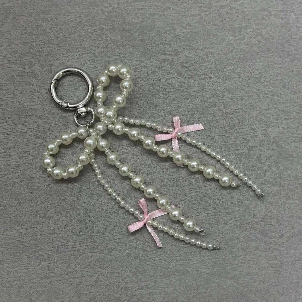 ZAKOL 3Pcs Cute Bow Imitation Pearl Bead Keychain Sweet Beaded Pendant Keyring Handbag Backpack Ornament Girls Gift
