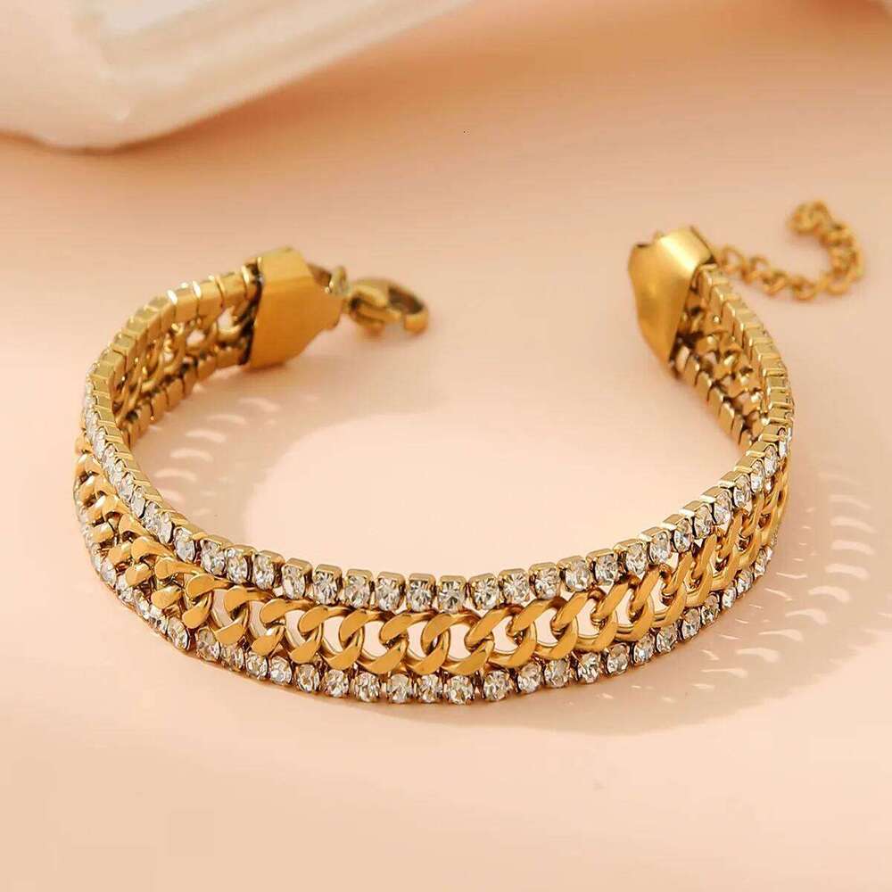 ZAKOL New Cubic Zirconia Tennis 18K Gold Plated Stainless Steel Three Layer Wide Bracelet Luxury Jewelry Gift for Women