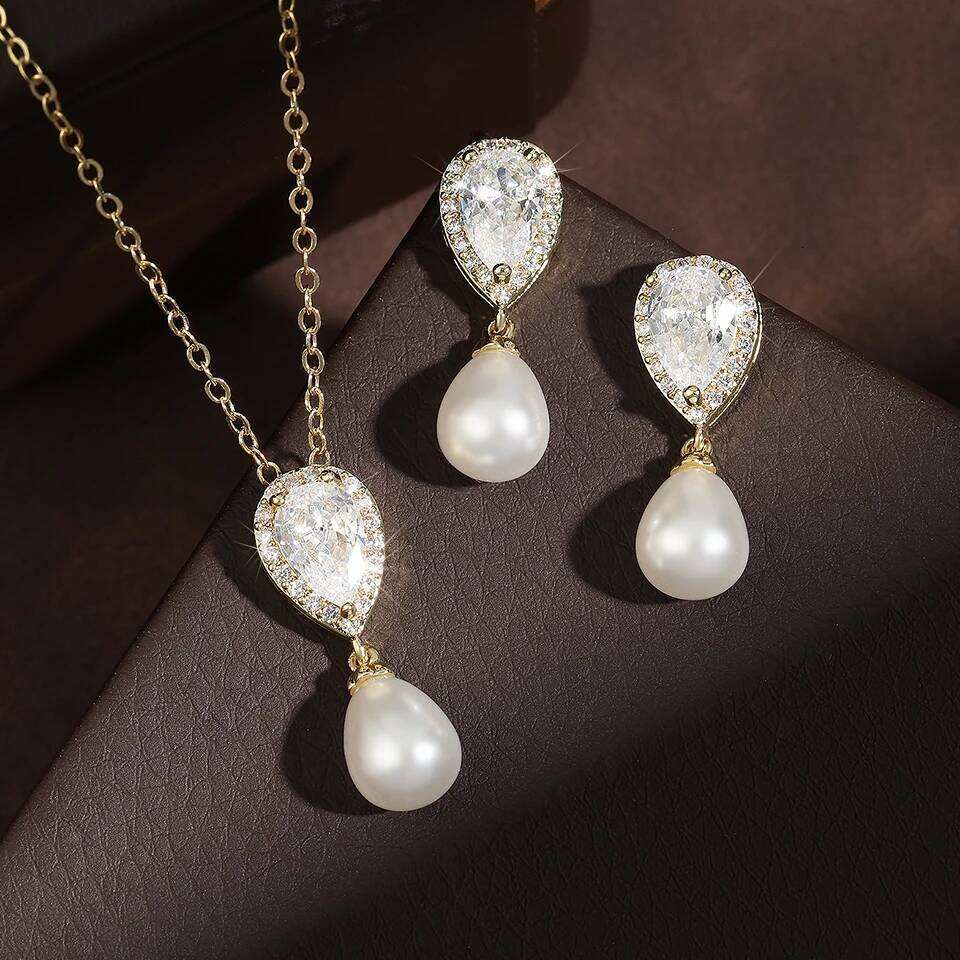 ZAKOL Luxury Water Drop Zirconia Dangle Necklace Teardrop-shaped Pearl Pendant Earring Wedding Jewelry Set