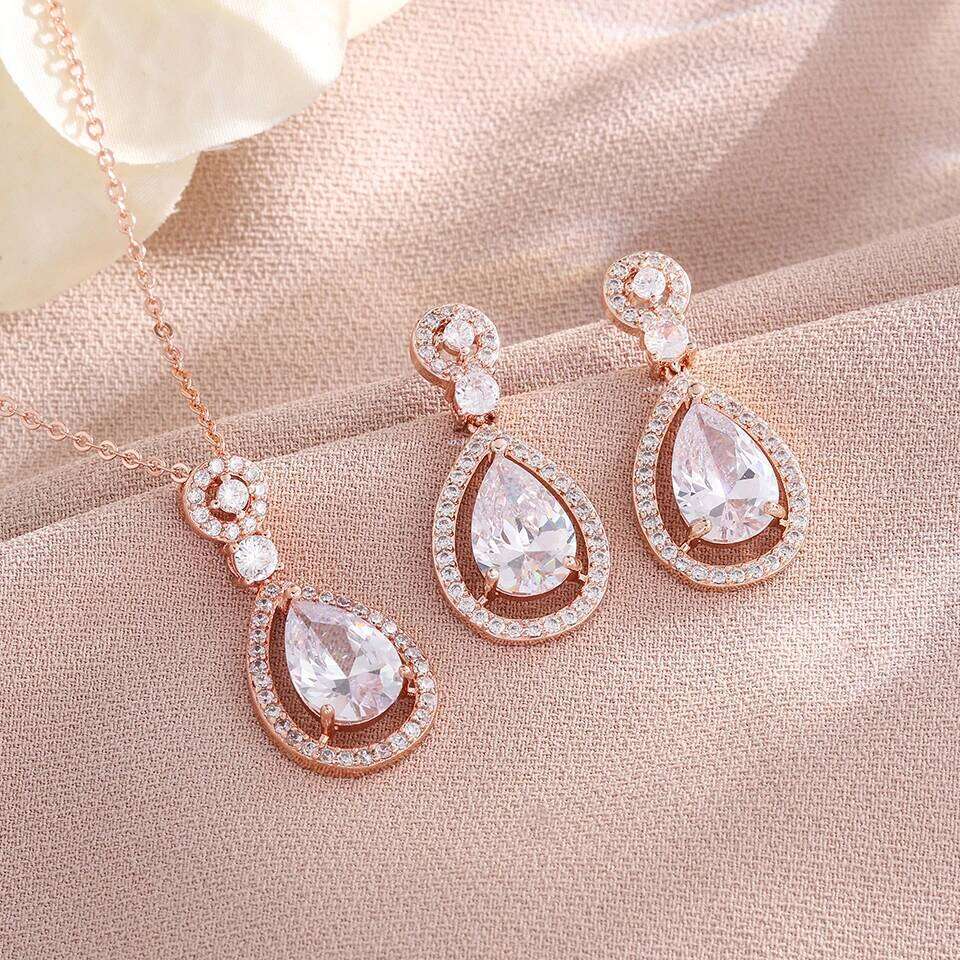 ZAKOL Brilliant AAA Cubic Zirconia Water Drop Earrings Necklace Set for Women Perfect Party Holiday Jewelry Gift