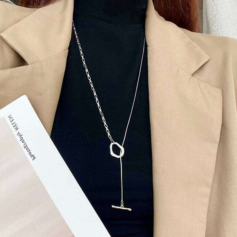 ZAKOL Korean Style O T Sweater Necklaces For Women Men Silver Color Metal Long Clavicle Chain Daily Party Jewelry Gifts