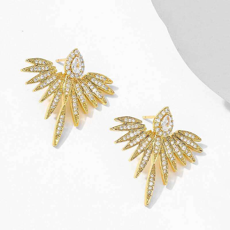 Elegant Cubic Zirconia Feather Earrings White Gold Color Crystal Zircon Statement Stud Earring Luxury Wedding Jewelry