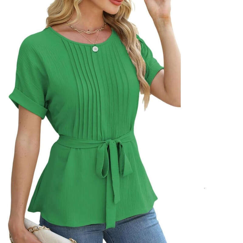 Women Pullover Hoodie Printed Sweatshirt K New Casual Shirt With Ruffled Edges And Pleated Round Neck Short Sleeved Top For Fashionable Wom